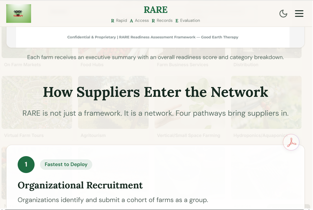 RARE interface explaining pathways for suppliers to enter the network