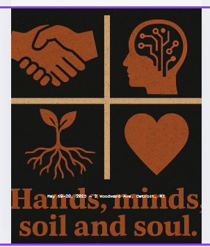 Hands, minds, soil and soul artwork with handshaking, knowledge, roots and heart symbols